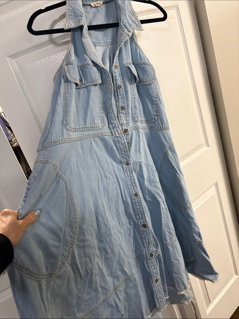 Light Wash Denim Button-Front Sleeveless Dress Halter Anthropologie Pilcro